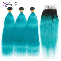 Elfriade-extensiones de cabello humano liso con cierre de encaje, mechones de pelo de color ombré 100%, color azul Lago, 3 mechones, 4x4, # T1B