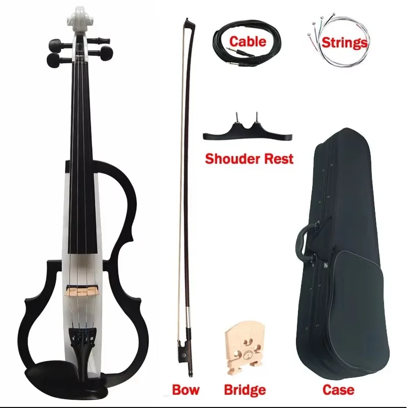Solid Wood Silent Violin, Advanced Electric Art, Full Size, White and Black, Ebony Fittings, Parts,  4/4