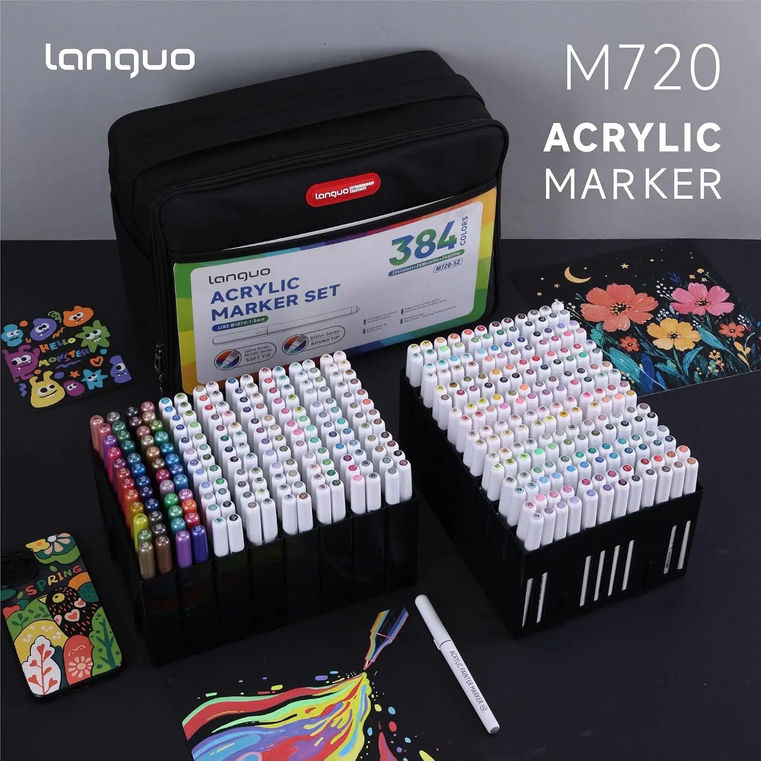 Languo Brand 384 Colors/Set Acrylic Paint Art Markers, Paint Markers, Large Capacity Liquid Acrylic Markers Pro, Felt-Tip Pen Stationery Set, Soft Tip 1-5mm Thickness Adjustable, Art Drawing DIY Graffiti, Notebook Diary Writing, Back-To-School Supplies