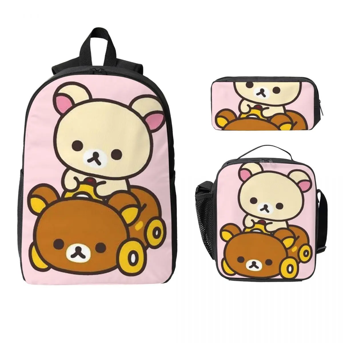 

Korilakkuma Driving A Rilakkuma Car Backpack Boys Girls BookBag School Bag Shoulder Bags 3ps Insulated Lunch Bag Pencil Case