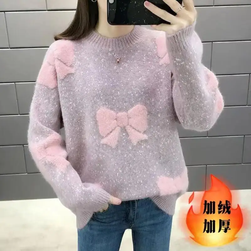 

Горячий женский осенне-зимний новый свободный свитер больших размеров с полувысоким воротником, утепленный теплый дизайн, вязаный свитер с бабочкой и бантом