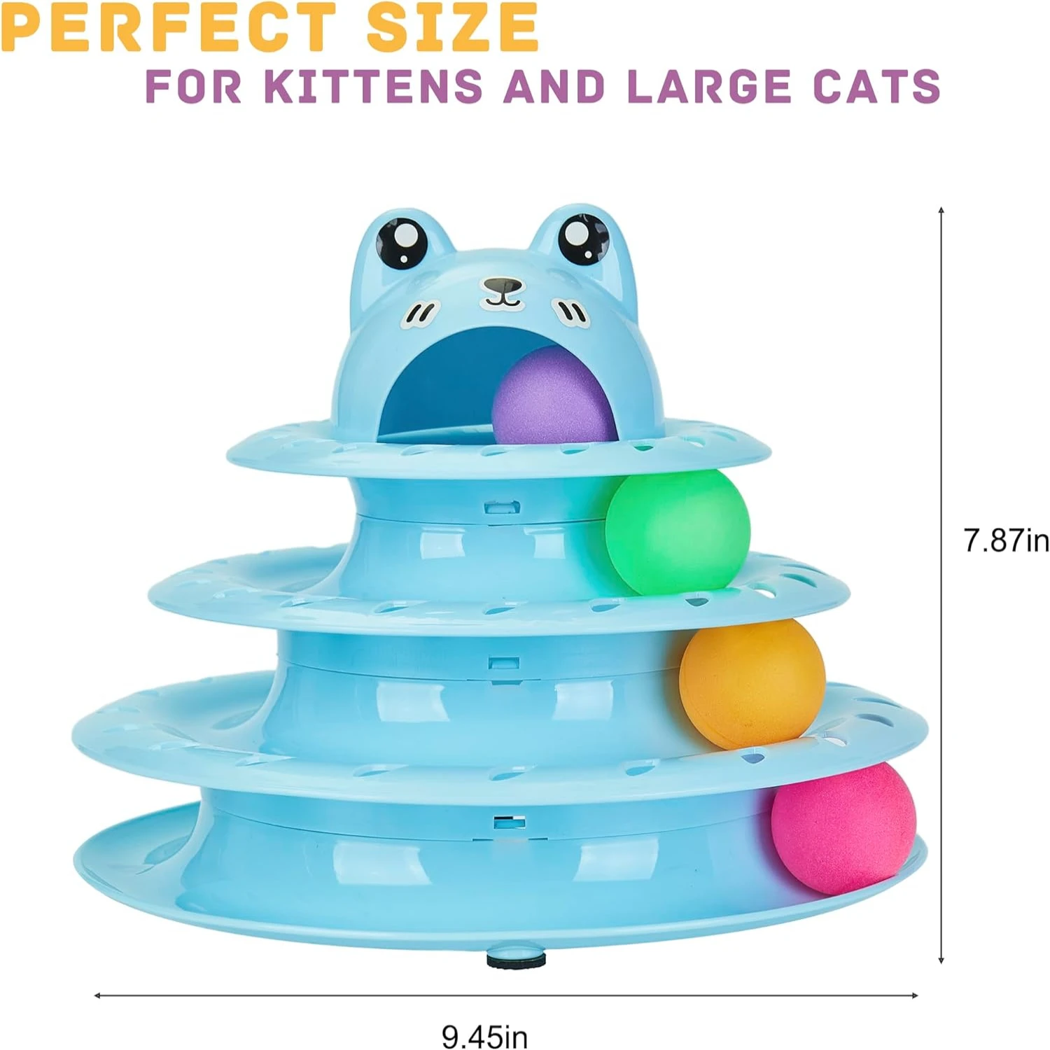 Colorful, engaging, and interactive multi-level cat toy tower designed for stimulating indoor exercise. Vibrant roller track wit