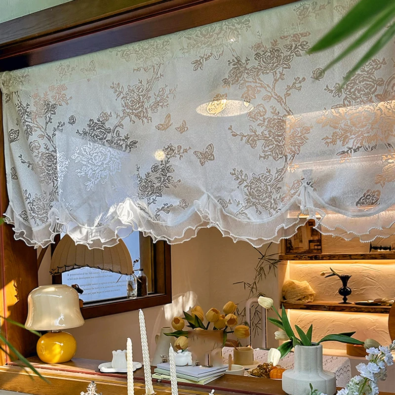 French White Romantic Butterfly Flower Lace Wavy Half Curtain with Beaded Ruffle Design Small Curtain for Kitchen Window, Study