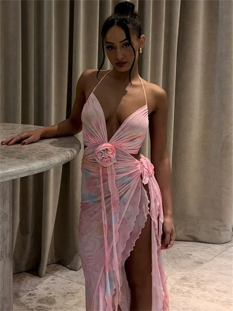 Sexy Gedruckt Mesh Lange Kleid Frauen Lace-Up Floral Backless Aushöhlen Rüschen Mode Verband Kleid frauen Kleid sommer