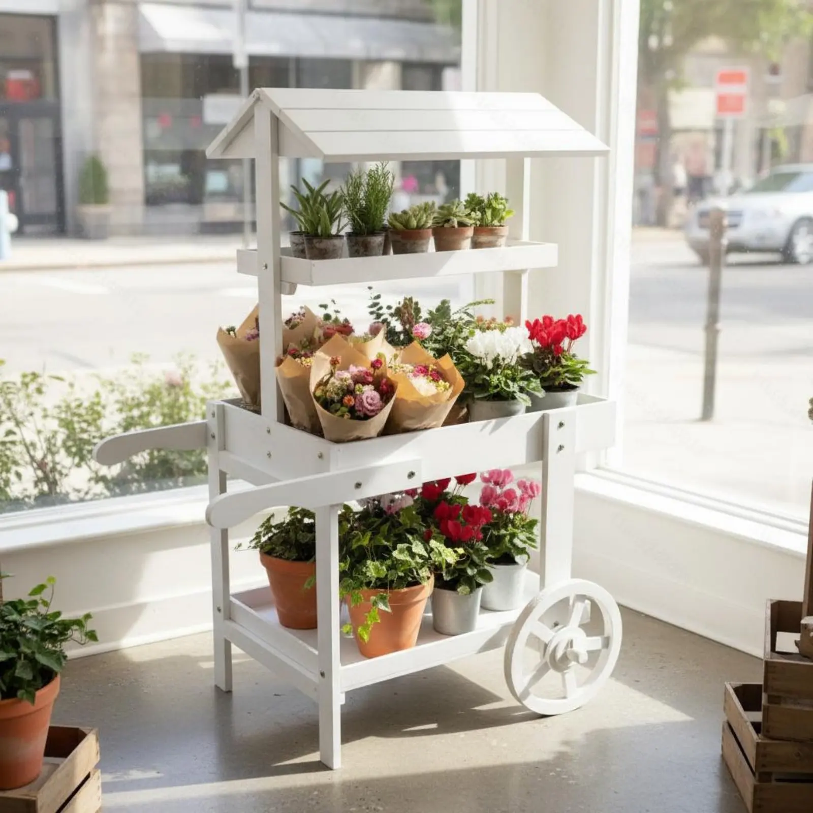 

Wooden Flower Trolley Decorative Wheels Flower Trolley Stand Rustic Plant Stand Multi-Level Storage Home Decor for Shop Window