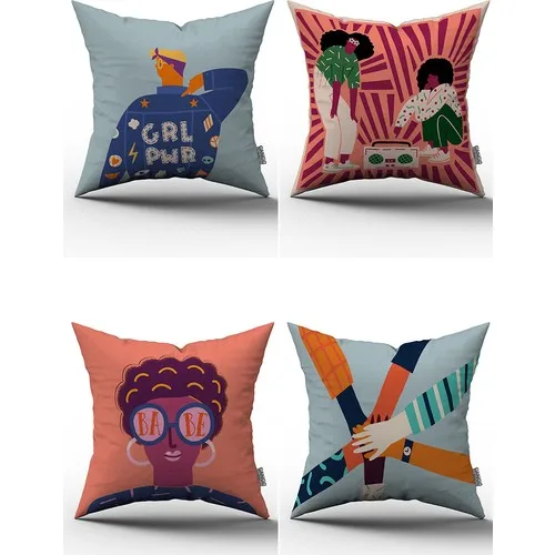 046 Digital Girl Power Printed Pillowcase. Decorative Colorful 4-piece Cushion Set. 43x43 cm. Home, office Use and Gift.