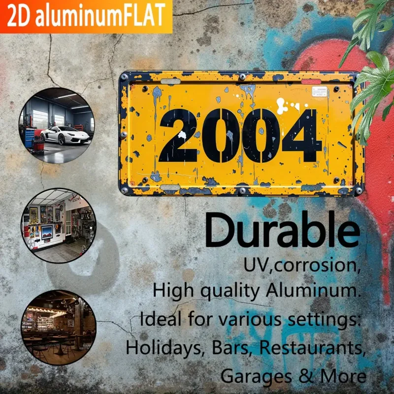 HD Aluminum Print, Vintage 2004 Graffiti Paint Splash License Plate Style Wall Art, High Definition Bend-Resistant Metal Sign, R