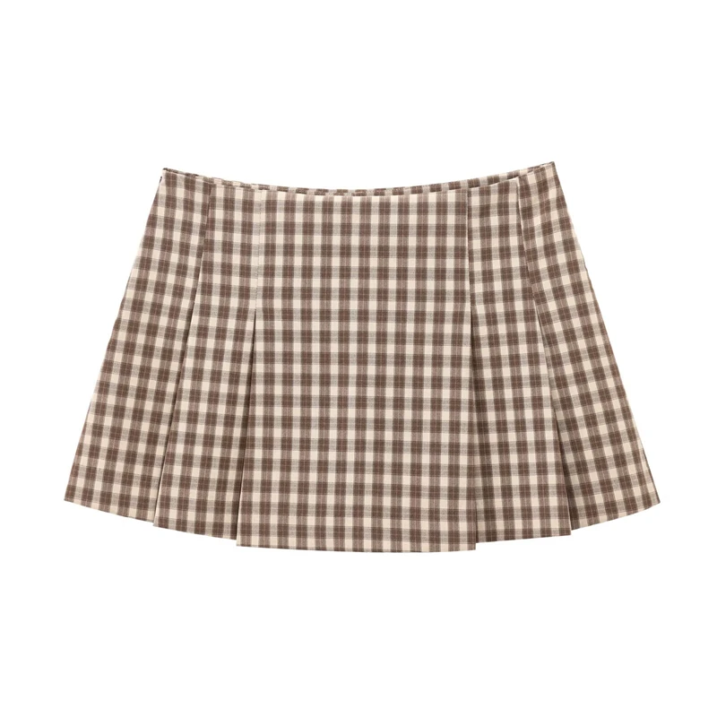KEYANKETIAN 2025 Spring New British style Color Matching Plaid Wide Pleated Mini Skirt Side Zipper Low waist Women A Line Skirt