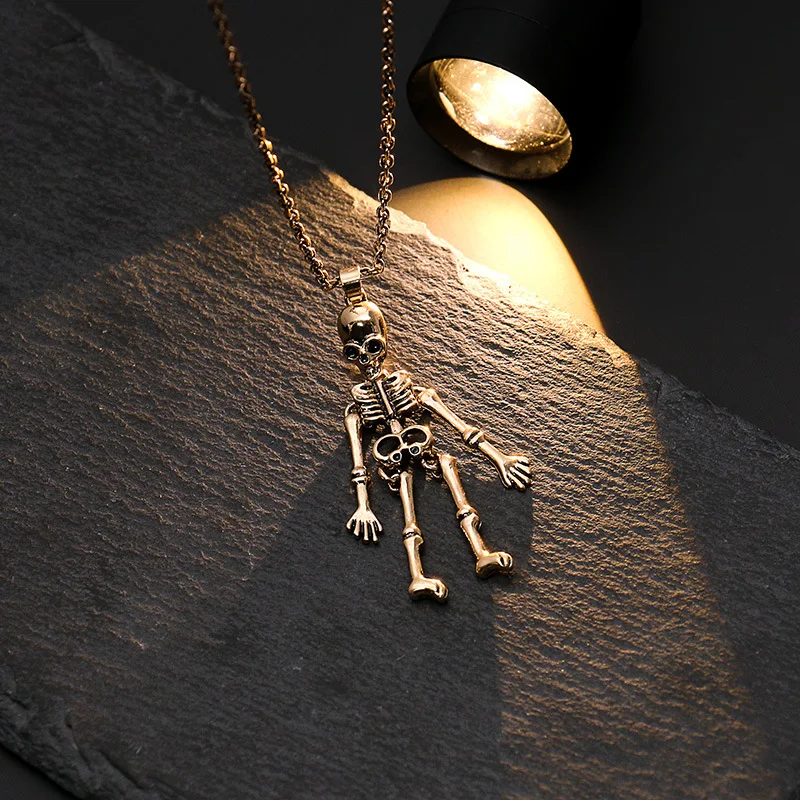 Retro Punk Skeleton Ghost Pendant Necklace Halloween Skull Necklace Long Sweater Chain Accessories for Women Men Teen Party Gift