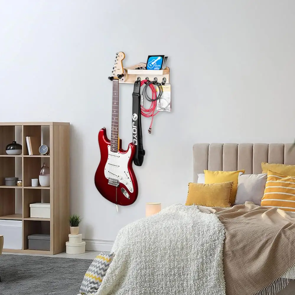 Wall Mount madeira maciça guitarra cabide, prateleira multifunções para guitarra elétrica acústica, cavaquinho, violino com 4 ganchos