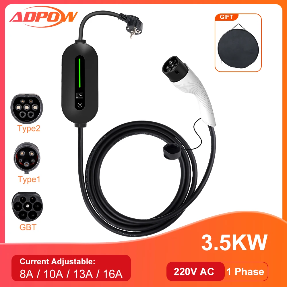 Adpow מטען נייד adpow 2/gb/t מחבר תקע 16 א 1 שלב 3.5kw type1 3.5 מטר לטעינה של טאב לרכב חשמלי