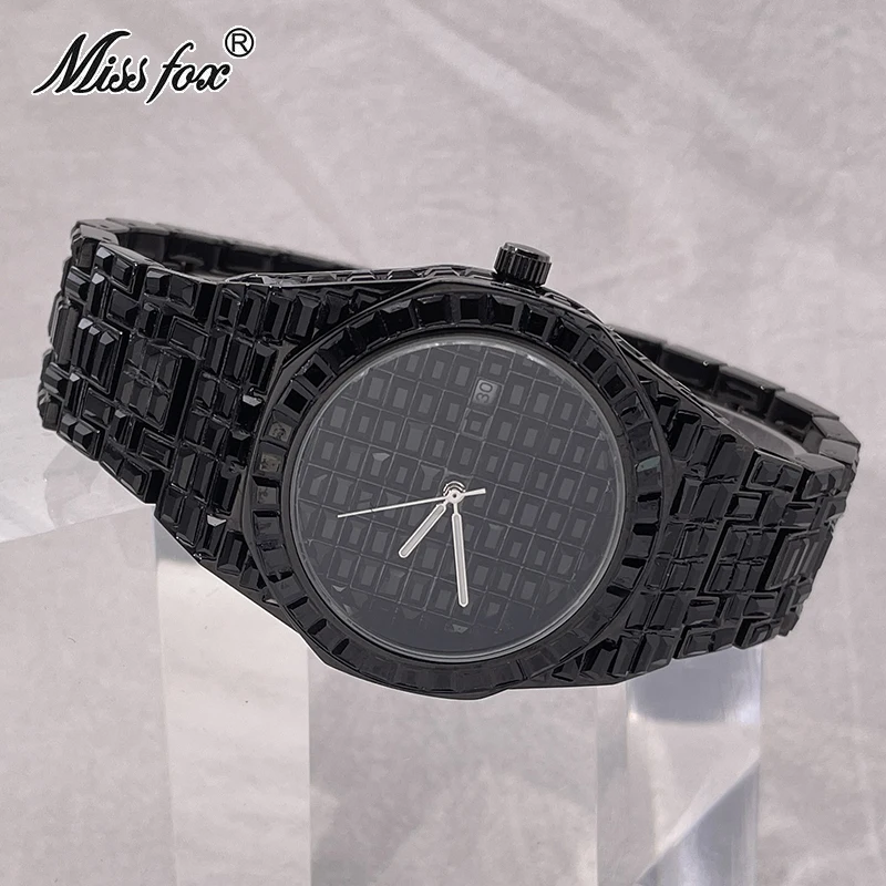 Hip Hop Brand MISSFOX Luxury Wristwatch Baguette Diamond Black Watch For MenS Stainless Steel Automatic Date Quartz Clocks Male