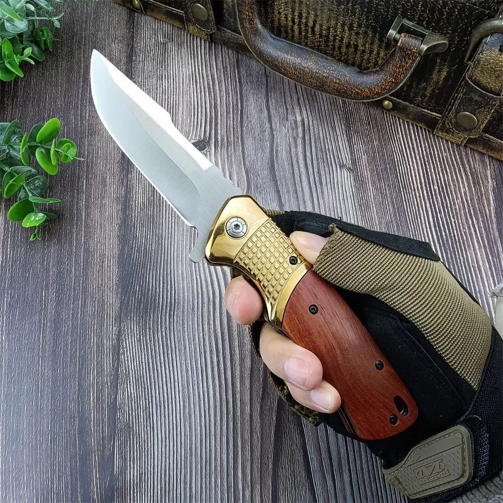 DA96 Folding Pocket  Knife 5Cr13Mov Steel Blade Red Wooden Handle Outdoor Hunting Portable Knives Tactical Survival EDC Tool