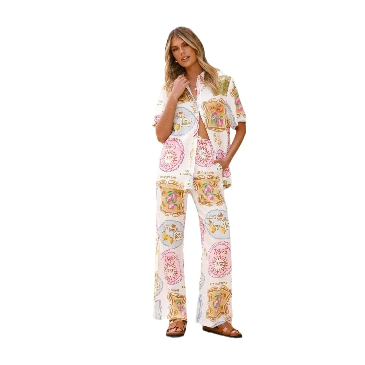 Casual Faion Two-Piece Set with Print ort Sve Holiday Loose Rope Tie Women's Polyester Blend Spring Season All Year Long