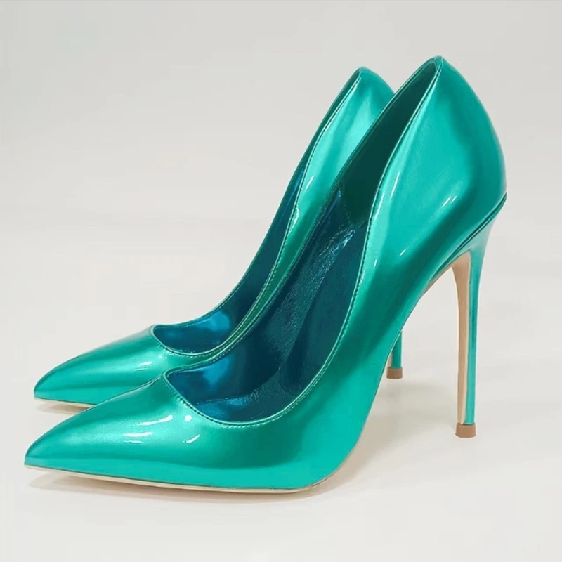 الأخضر لامع الجلود كعب مضخات الأحذية أشار تو الانزلاق على 12 سنتيمتر 10 سنتيمتر 8 سنتيمتر الضحلة فستان أحذية حجم 45 #1