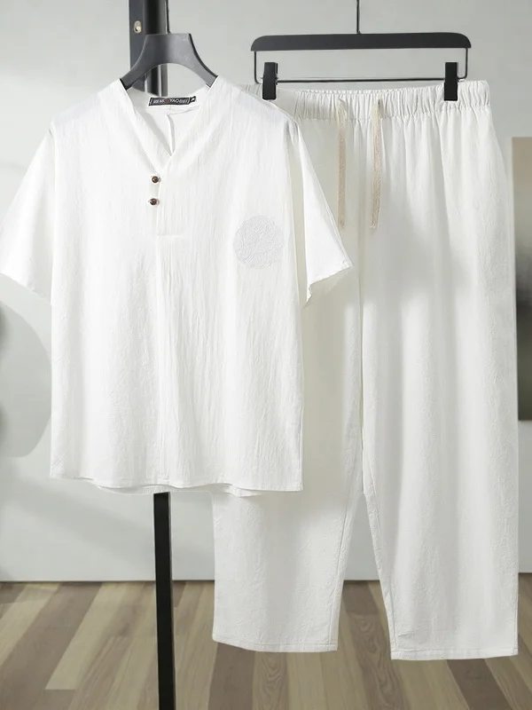 

Summer Thin Cotton Linen Set Men's Sleepwear Casual Loose Short Sleeve T-shirt Nine Points Pants Comfortable Breathable Men's...
