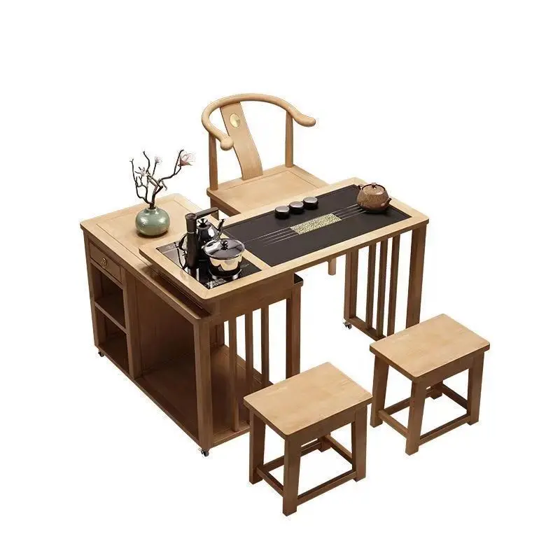 Natural Wood Color Balcony Table and Chair Combo for Living Room and Home Use, Movable, New Chinese Rotating Coffee Table
