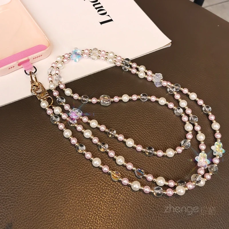 

Цепочка через плечо с жемчугом и кристаллами, маленький свежий подвесной телефон на шею, который можно использовать для милого телефона, браслет-подвеска для телефона