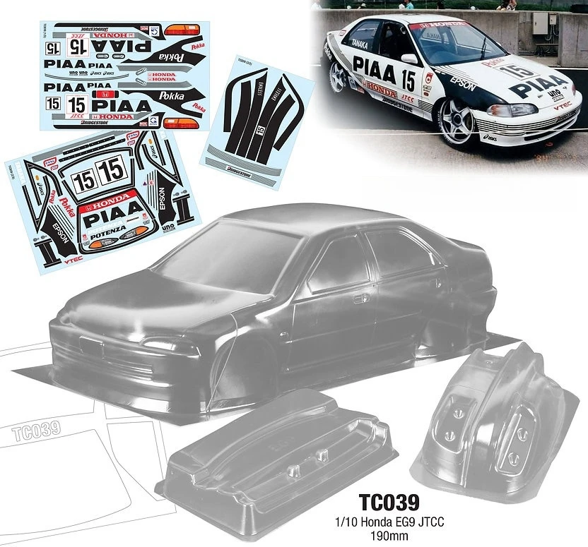 

TC039 1/10 Honda EG9 JTCC Clear Body shell 190mm W/Rear Wing +Mirrors and Light Buckles for On-Road RC Touring Drift Car