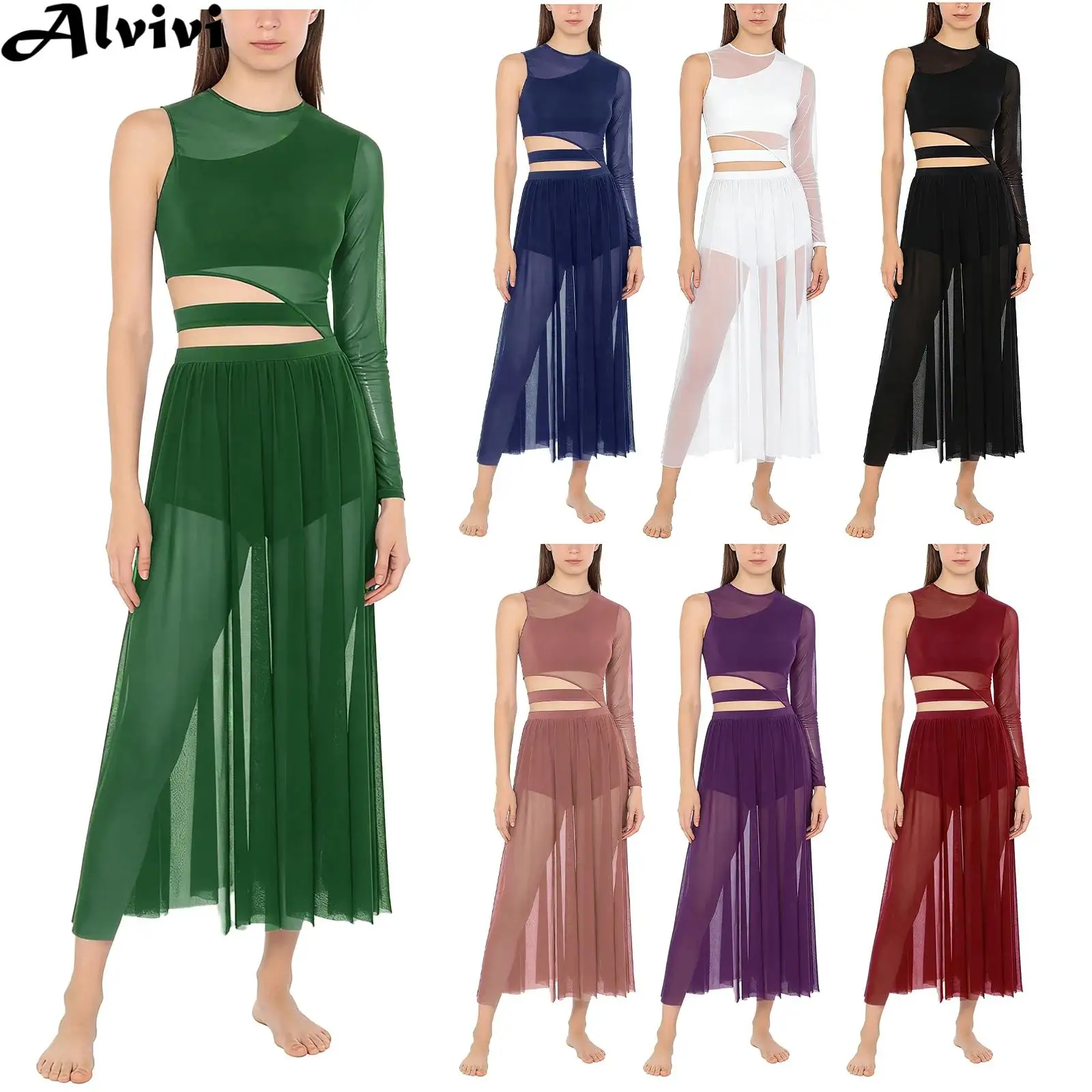 Women Lyrical Modern Dance Dress Ballet Gymnastics Skating Performance Costume One Shoulder Split Sheer Mesh Leotard Dancewear