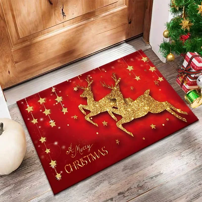 VIKAMA Gold Reindeer Christmas Doormat Glitter Golden Star A Merry Christmas Non Slip Floor Mat For Front Door Porch Xmas Decor