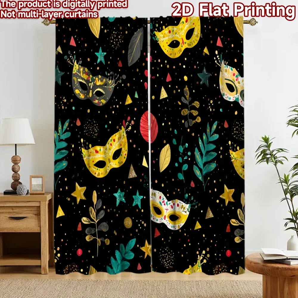 Masquerade Mask Print Curtain Black Background Festive Party Decoration Curtains Window Shade Bohemian Halloween Costume Home De