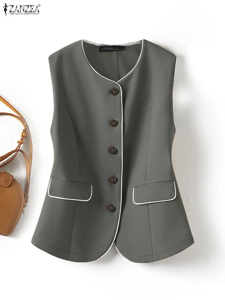 ZANZEA-Chalecos de moda para mujer, Tops elegantes y elegantes con contraste, cuello redondo, sin mangas, abotonados, chalecos de Color sólido, ropa para mujer