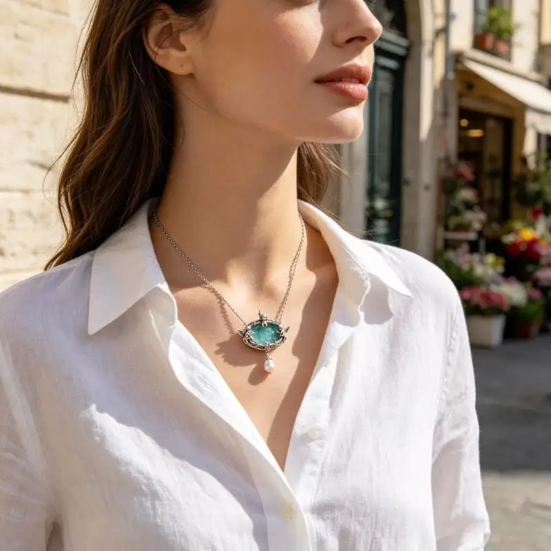  Ornate Wishing Fountain Necklace with Detailed Cherub Forms, Silver-Tone Finish and a Hanging Teardrop Accent Design
