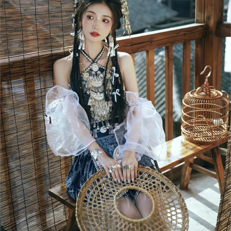 New dress national batik with chest long skirt and bubble sleeve clothing style photography performance