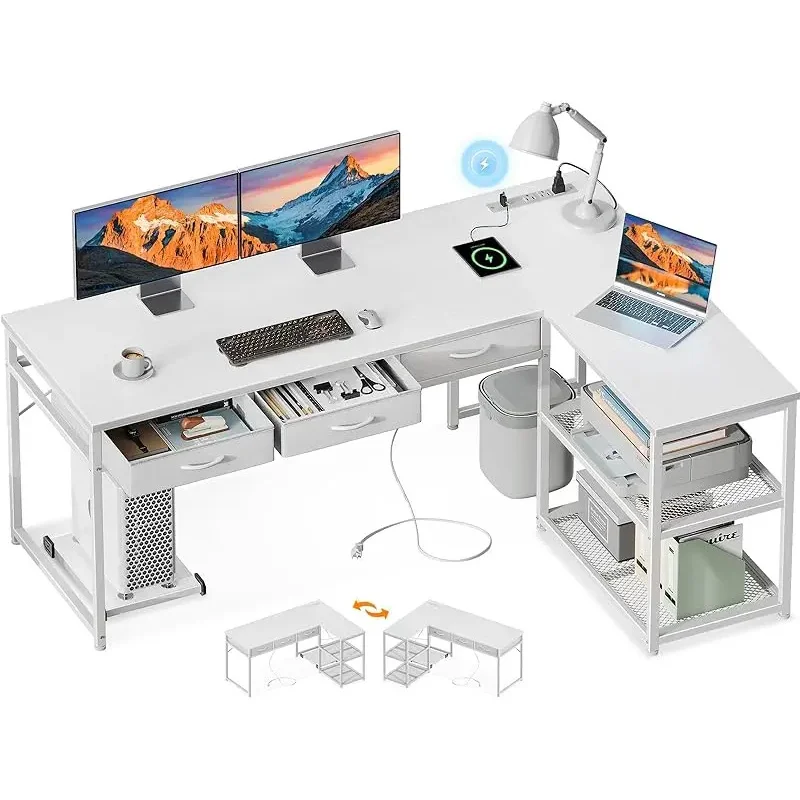 53 Inch L Shaped Computer Desk with Drawers, Corner Desk with Power Outlets & Reversible Storage Shelves, Movable CPU Stand