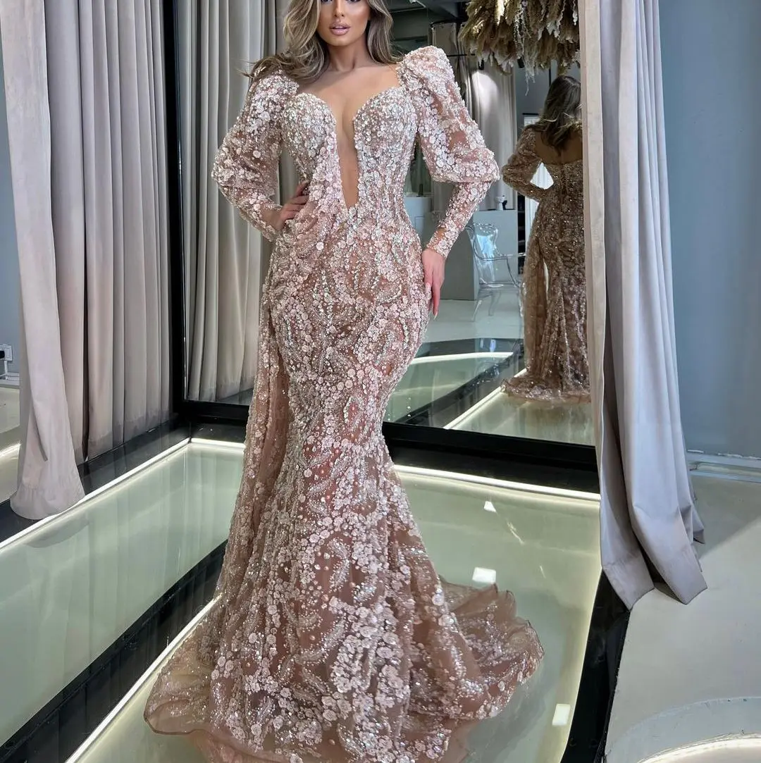 Luxury Mermaid Evening Dresses Long Sleeves Deep V Neck Sequins Beaded 3D Lace Hollow Exquisite DiamondsProm Dresses Custom Made