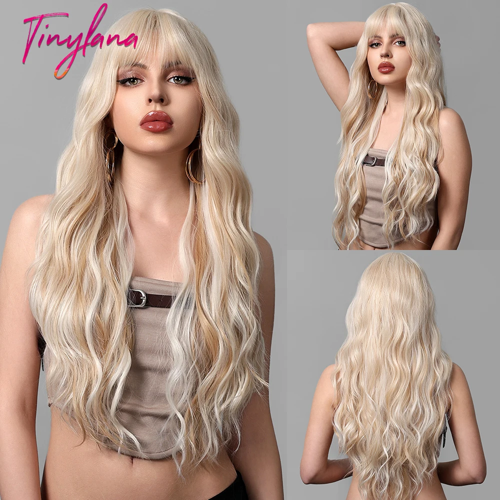 

Curly Wavy Platinum Blonde Golden Long Synthetic Wigs with Bangs Lolita Cosplay Natural Hair Wig for Women Afro Heat Resistant