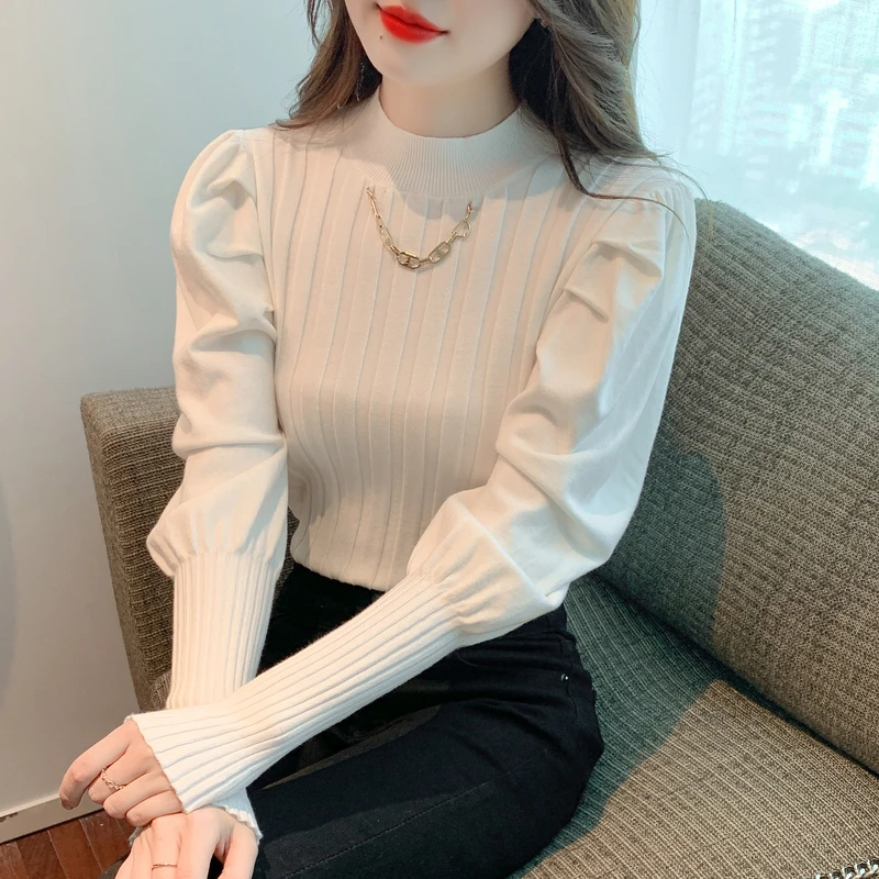 

Chains Mock Neck Elegant Knitted Pullovers Slim Fit Korean Sweaters for Women Sweet Puff Sleeve Jumper Autumn Winter Pull Femme