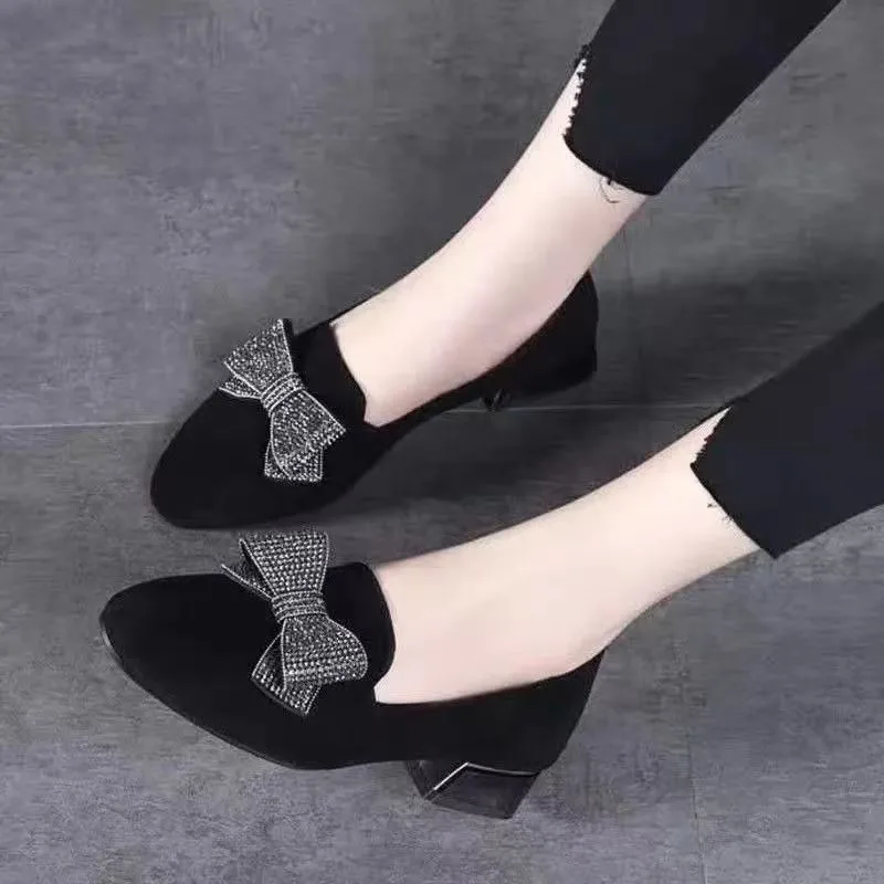 

2025 Black New Fashionable Women's Bow Low Heel Shoes Round Toe Loafers Women's Casual Shoes