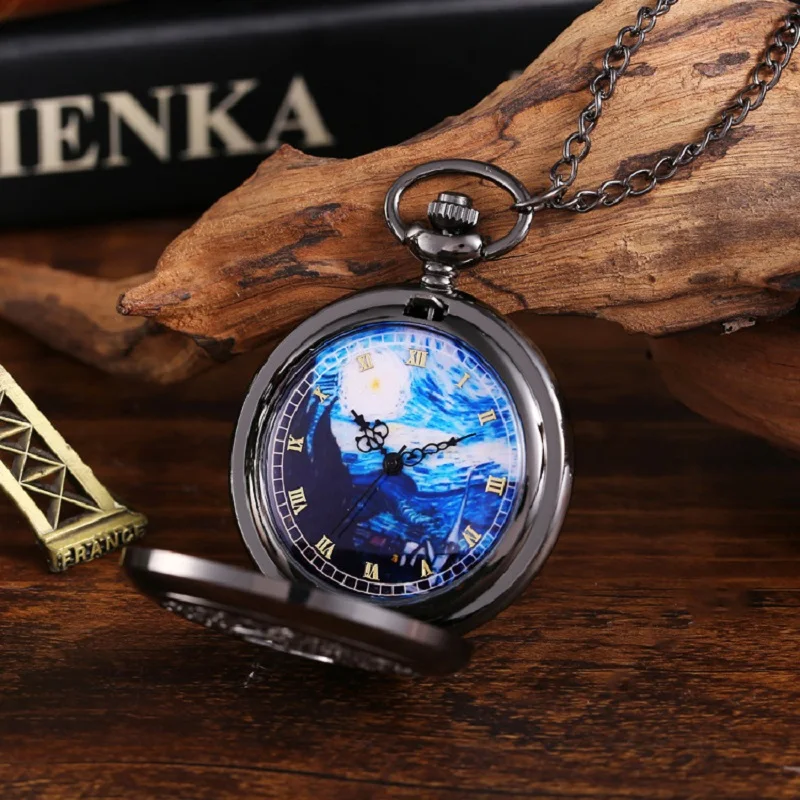 12 Types New Fashion Alloy Black Starry Sky Hollow Retro Pocket Watch Creative Gift Necklace Clock Chain Watches Birthday Gifts