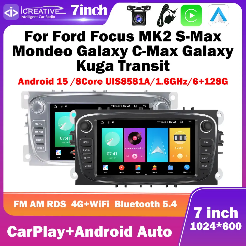 Android 15 Car Radio For Ford Focus MK2 S-Max Mondeo Galaxy C-Max Galaxy Kuga Transit 7
