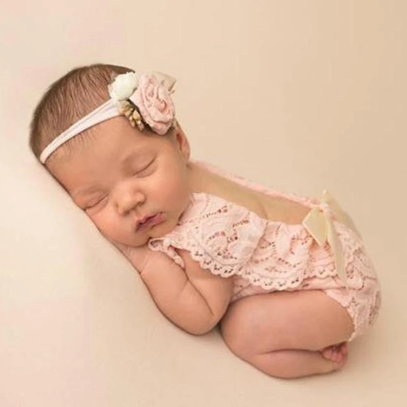 2 Pcs 0-1Month Newborn Photography Props Baby Headband Lace Romper with Ribbon Bows Set Flower Hair Band Headdress