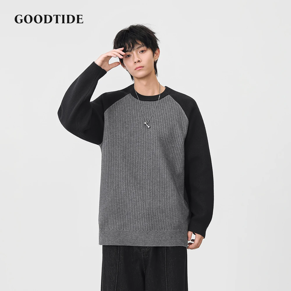 2025 Winter Fashion Men's Casual Crew Neck Sweater Contrast Raglan Sleeve Waffle Knit Pullover Soft Long Sleeve Jumper Top