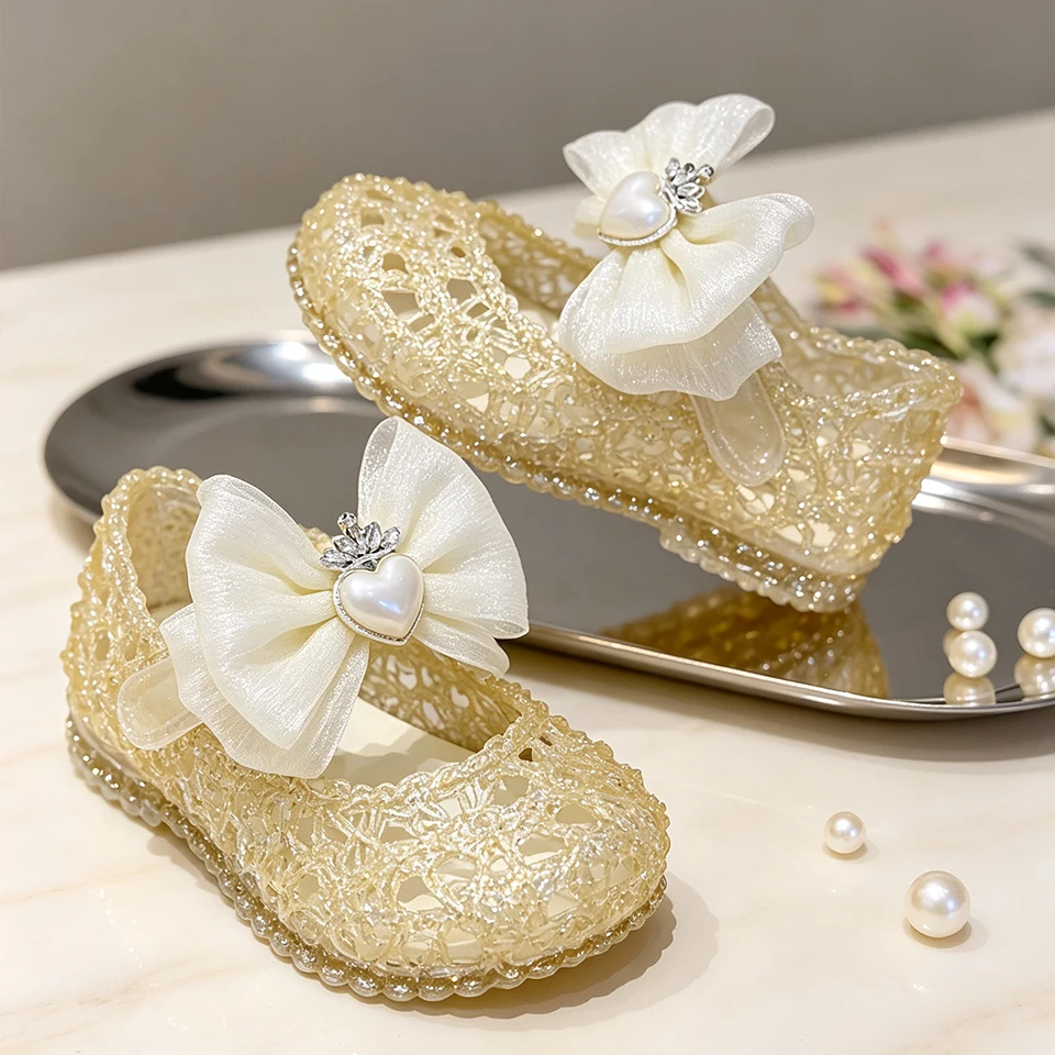 Toddler Little Girls Princess Jelly Mary Jane Shoes Hollow Out Lace Upper Pearl Beaded Summer Elegant Little Kids Flats Sandals - view 6