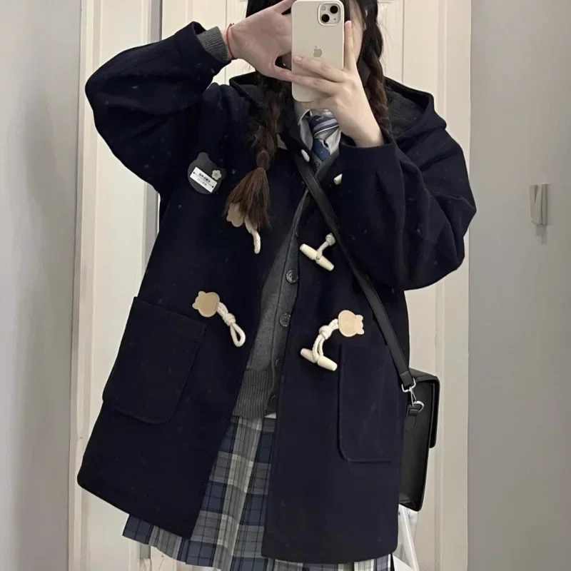 

Autumn Winter Horn Buttons Japanese Preppy Style Petite Medium-length Student Hooded Style Woolen Jacket Women's Overcoat