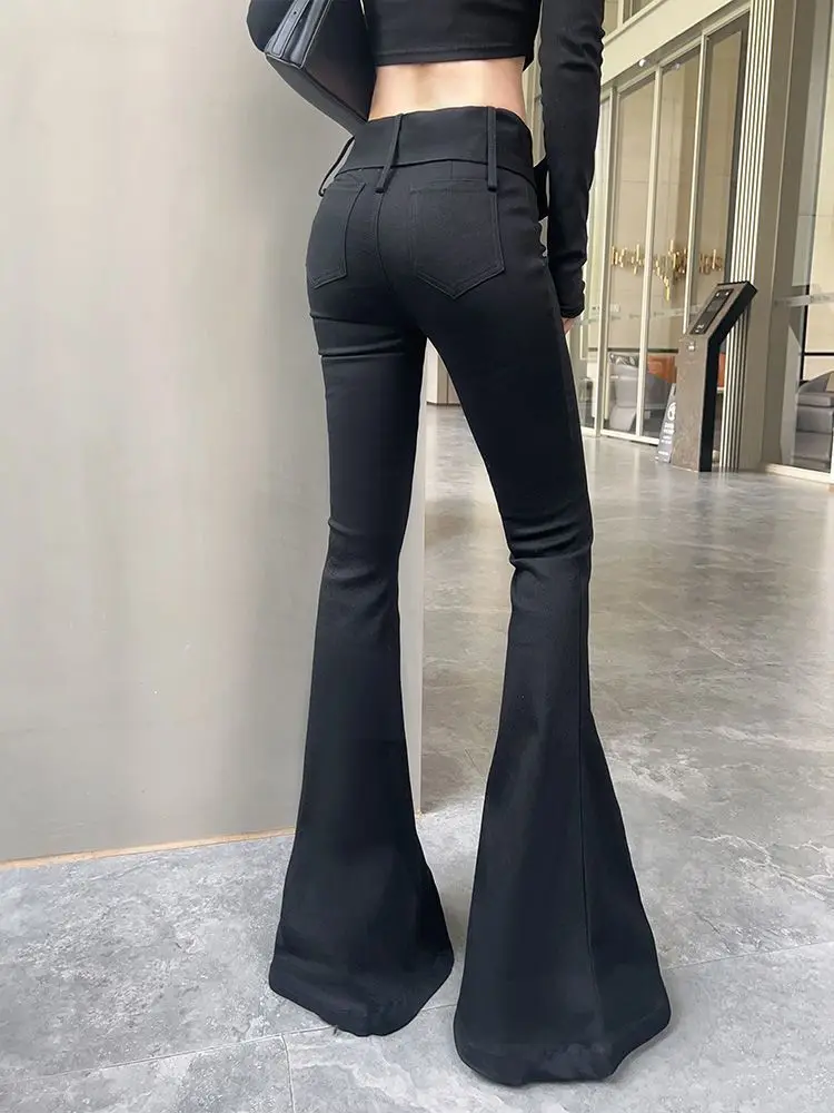 جينز أسود عتيق بخصر منخفض مضيئة للنساء بنطلون طويل من قماش الدنيم للتخسيس ملابس خروج ضيقة بجزء سفلي سروال قوطي عصري #1