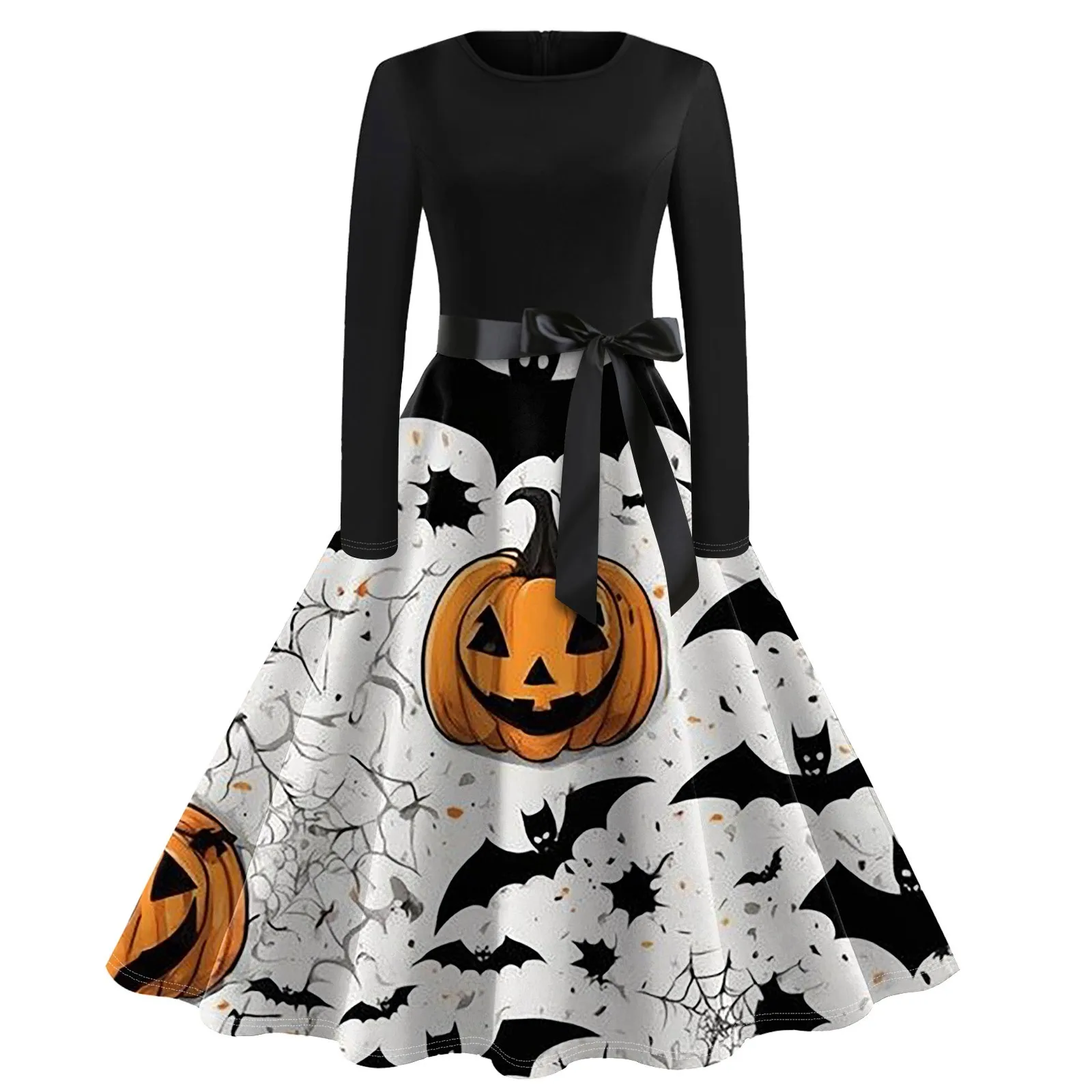 Halloweenowa sukienka z nadrukiem Flare dla kobiet Sukienka z długim rękawem Hollow Party Casual Sukienki plus size sukienki eleganckie sukienki