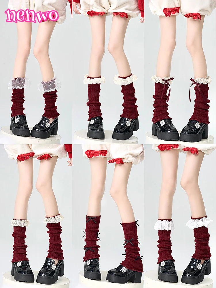 

Red Bowknot Tiered Ruffled Knitted Leg Warmers Women JK Girls Lace-edge Knee High Socks Sweet Cute Lolita Leg Covers