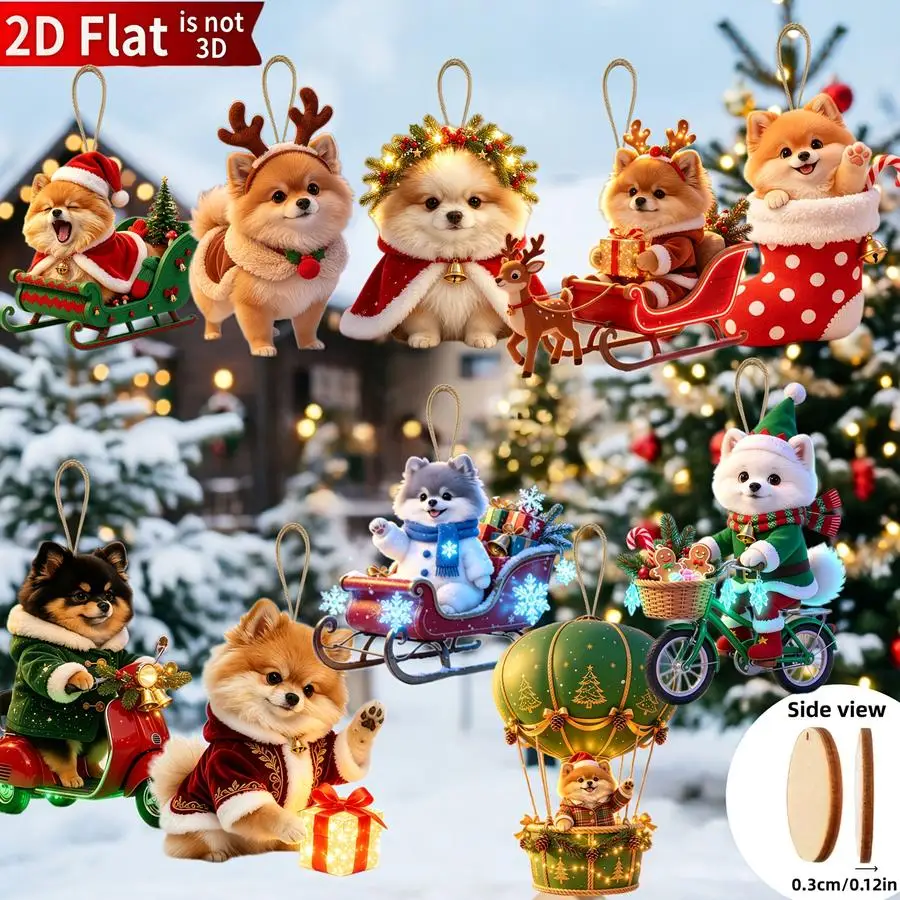 1/5/10/20/50/100pcs Set of 10 flat 2D Pomeranian Christmas ornaments, suitable for indoor/outdoor use - Artificial hanging decor