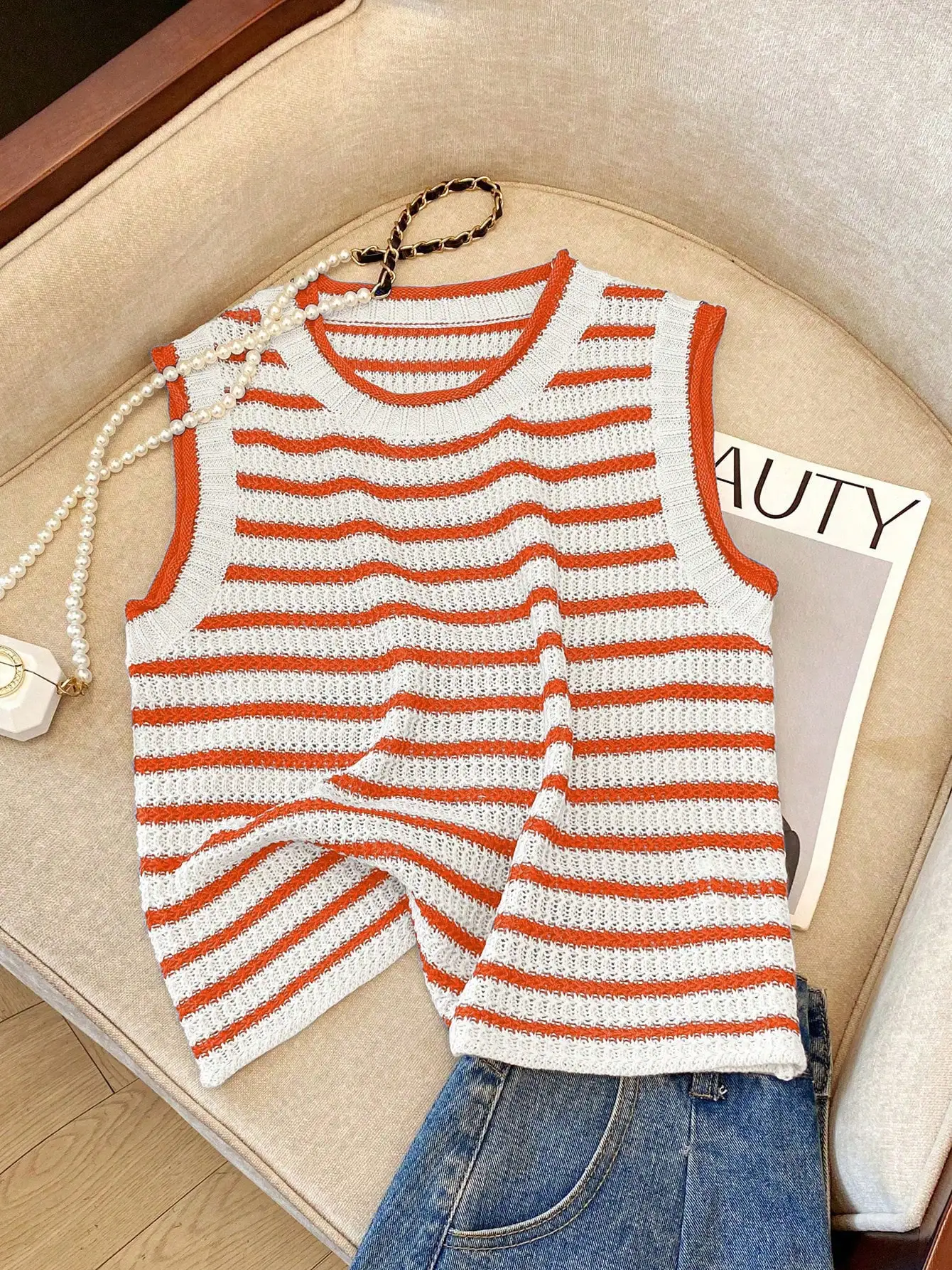 

2026 New Arrival Women Striped Knit Vest Sleeveless Round Neck Hollow Out Casual Sweater Top