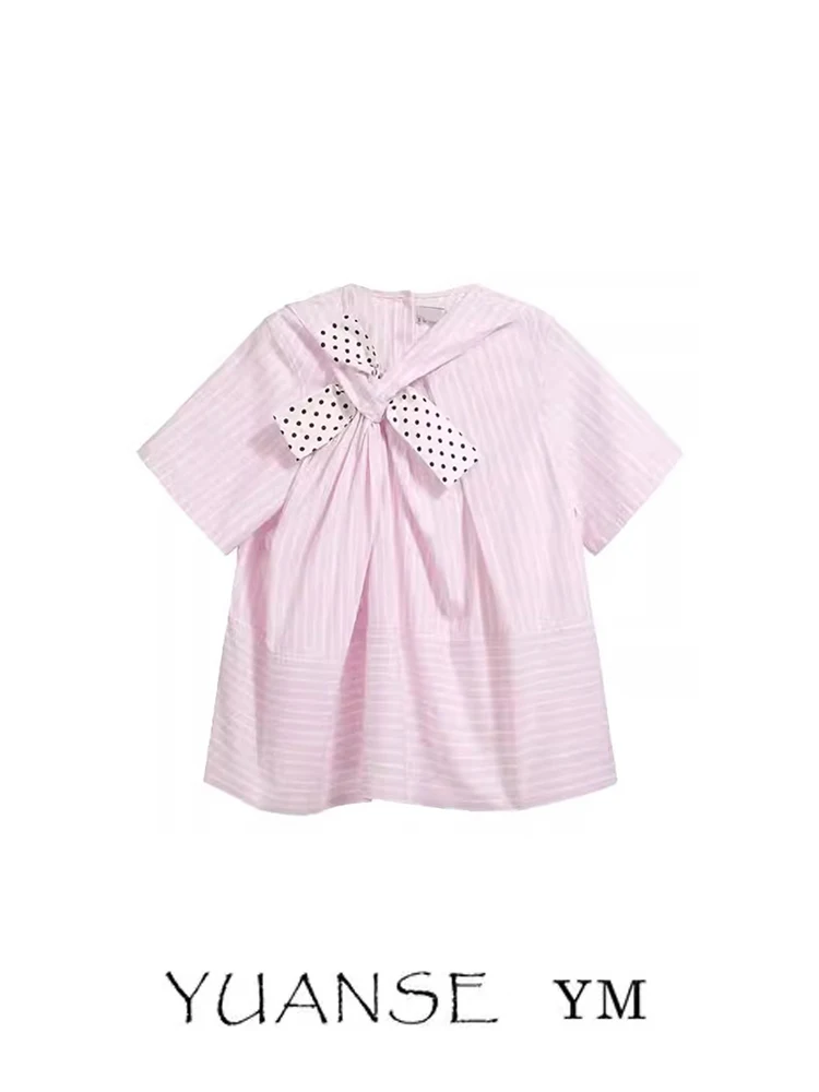

Sweet Polka Dot Bow Tie ort Sve irt Women's Summer Miu Sle Pink Striped Sweet Top Trendy Women's Clothing