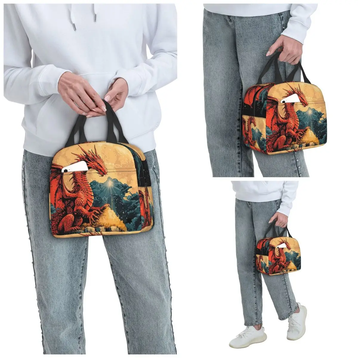 Dragon Red Moon Pattern Insulated Lunch Bag for Women Office Cooler Thermal Food Box Tote Portable Lunch Boxes Container