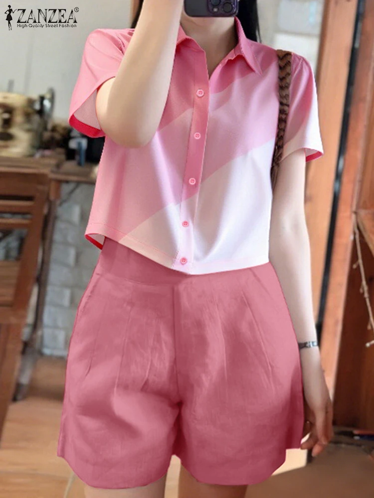 

ZANZEA 2PCS Fashion Summer Outfits 2025 Women Matching Sets Casual Holiday Printed Tracksuit Short Sleeve Blouse Short Sets