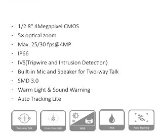 Dahua SD2C405NB-GNY-A-PV-S2 4MP 5x Smart Dual Light WizSense Network PTZ Camera IP66 Built-In Two-Way Talk  Active Deterrence