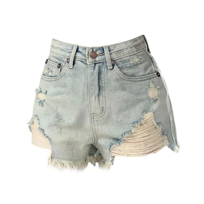 

ZHIZOU Summer Women American Retro High Waist Ripped Tassel Jeans Shorts Japanese Y2K 2000s Blue Denim Hot Pants High Street